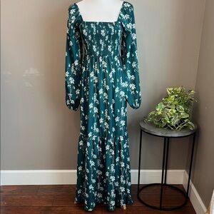 Pink Lily Elegant Teal Floral Long Sleeve Maxi Dress Medium